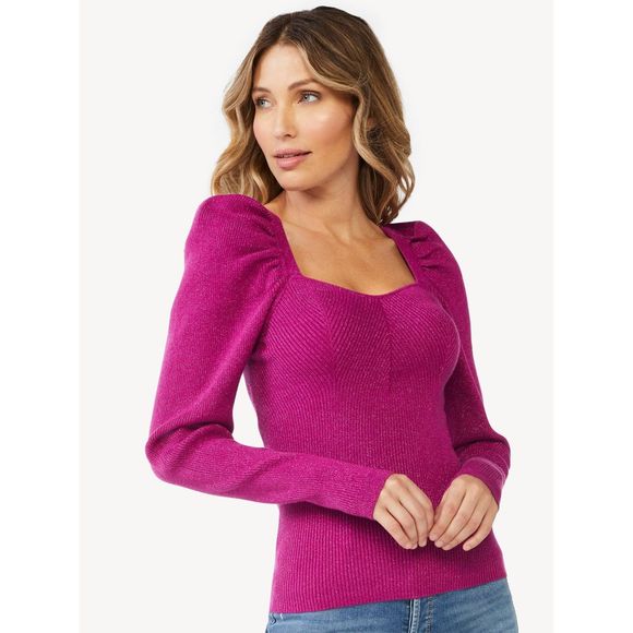 Sofia Vergara| Plus Size Women's Puff Sweetheart Sweater Shimmer Magenta… - Picture 3 of 7